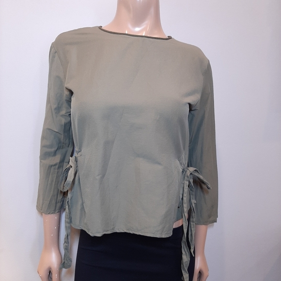 ZARA Side Tie Top Cropped Sleeve Stretchy Olive Army Crew Neck Blouse - Picture 2 of 10